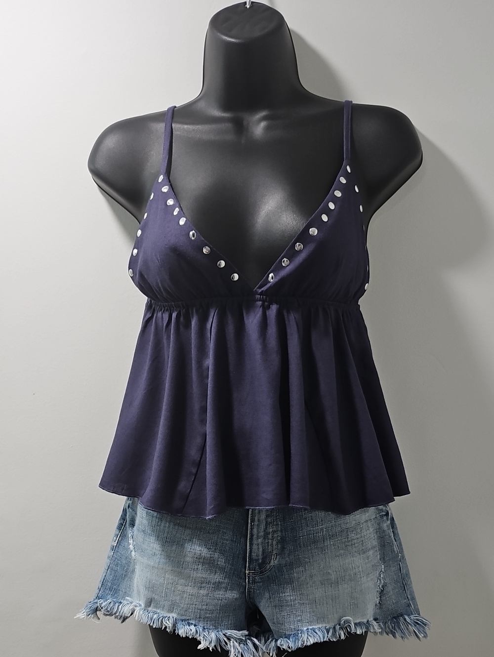 Vigoss Navy Spaghetti Strap Studded Babydoll Camisole Size MED NWT